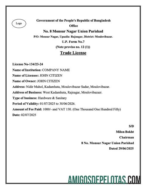 Licença comercial de Bangladesh para impressão, modelo Word e PDF